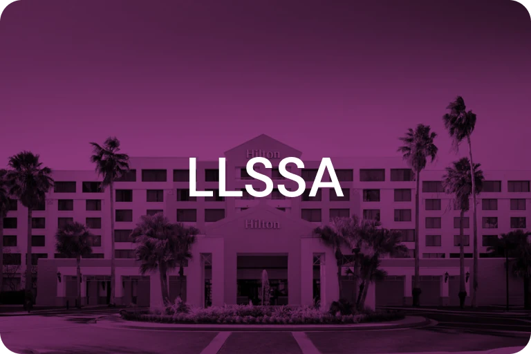 Hilton New Orleans Airport exterior with palm trees under a purple overlay and LLSSA text centered