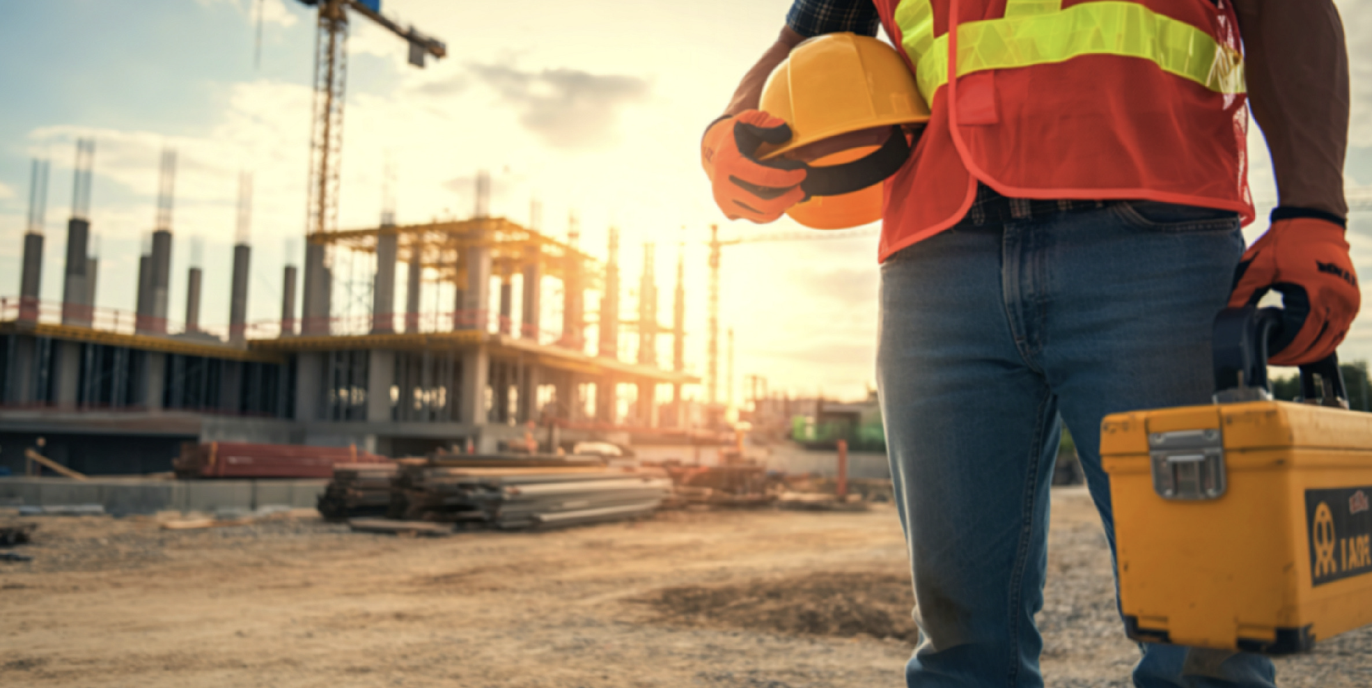 Construction worker holding a hard hat and toolbox at a building site at sunset, representing a lone worker arriving at an unfamiliar or isolated site