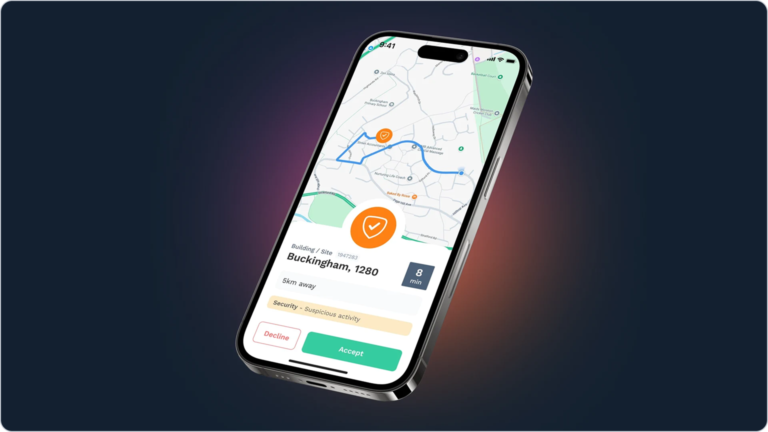 AURA responder app incoming callout screen showing the site, distance, callout type, a route on the map, and Accept and Decline buttons