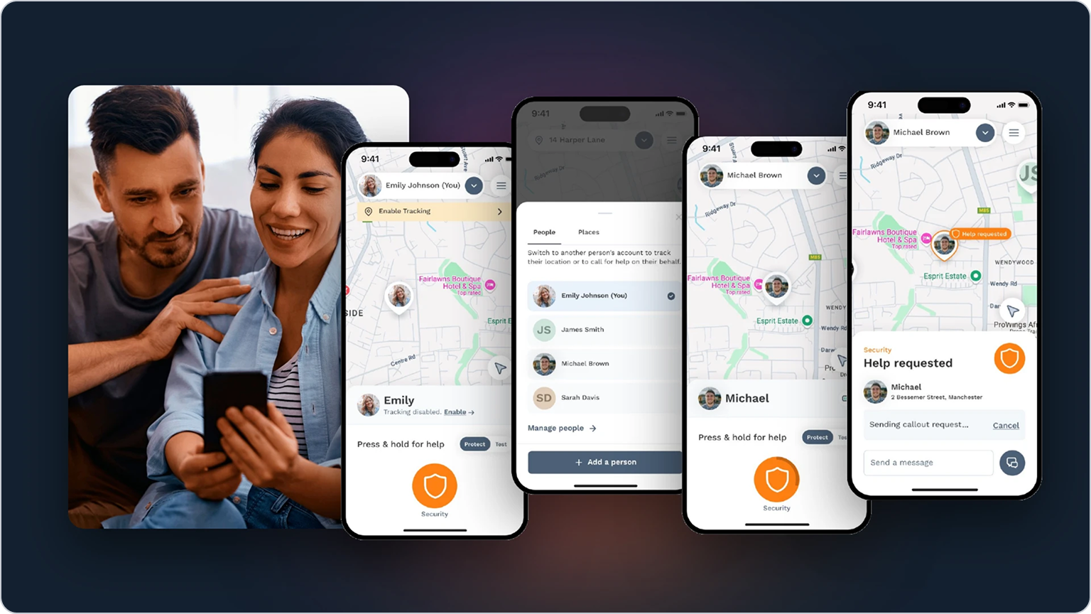 Family protection in an AURA white label app: a couple looking at a phone, beside app screens showing people on a map and help requested