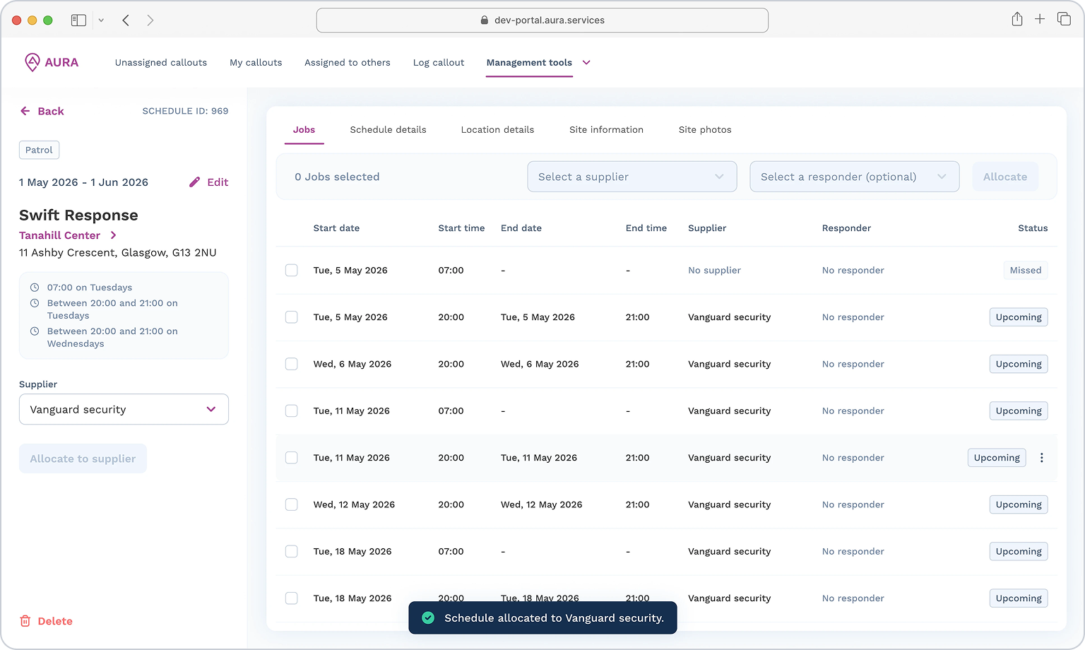 AURA Control Centre schedule view showing a patrol schedule allocated to a response partner, with its jobs listed