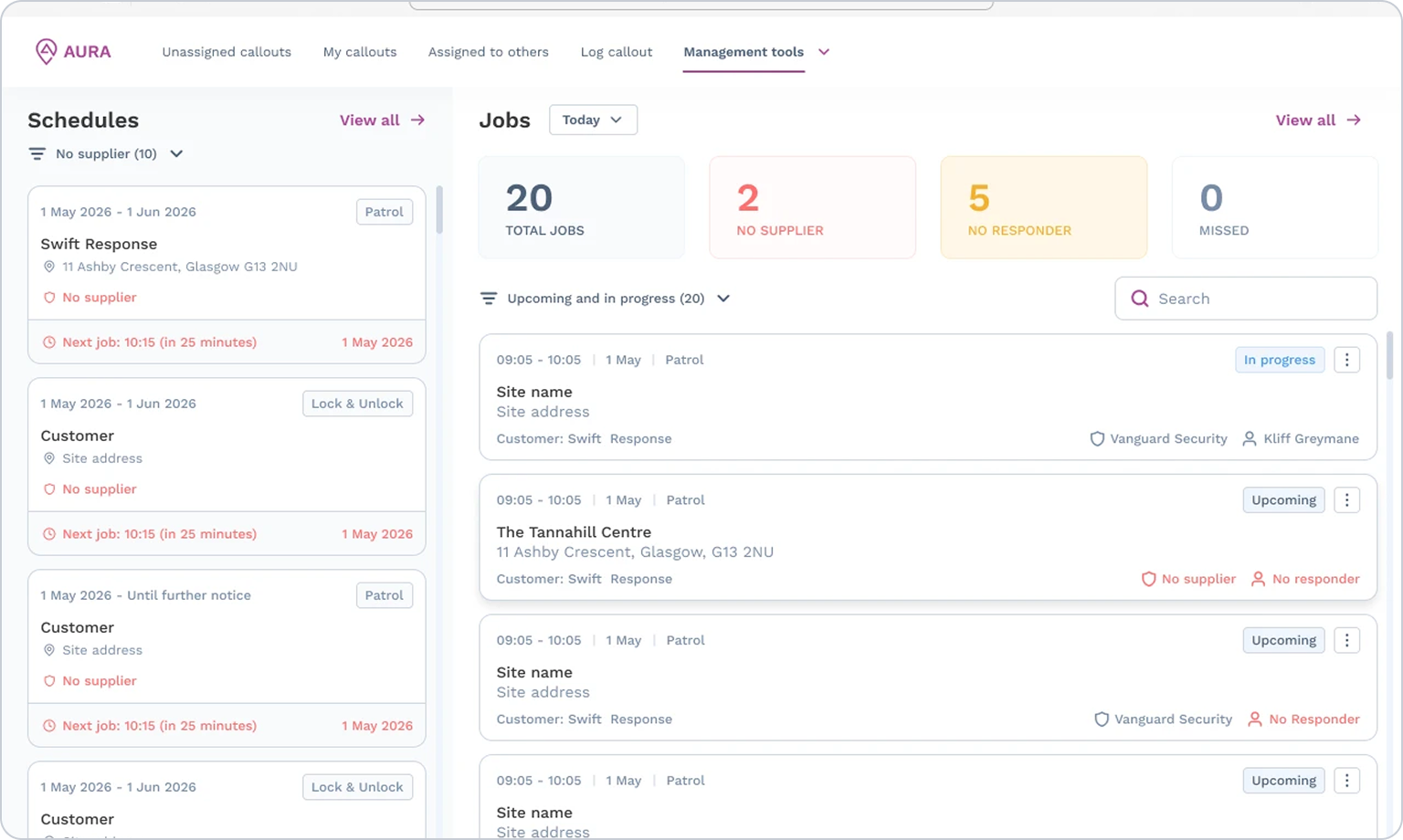 AURA Control Centre scheduling dashboard showing schedules and jobs, with counts of jobs that have no supplier or responder