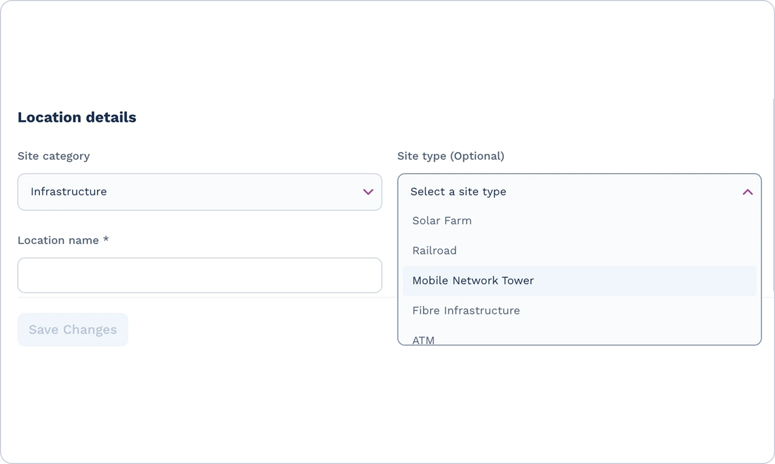 Location details panel with Infrastructure chosen as the site category and the site type list open