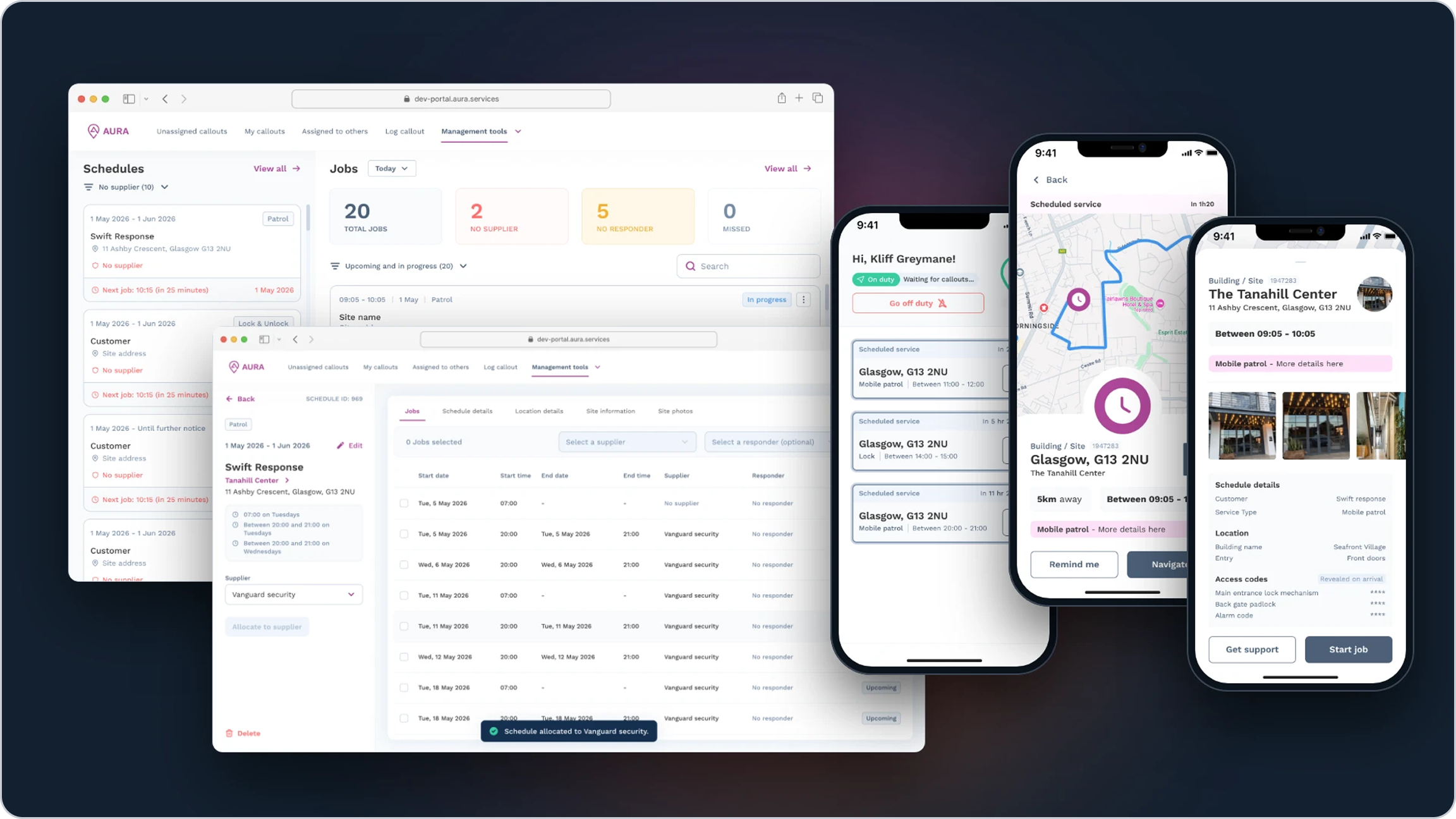 AURA Control Centre scheduling screens beside three responder app screens showing upcoming jobs, job details and Start job