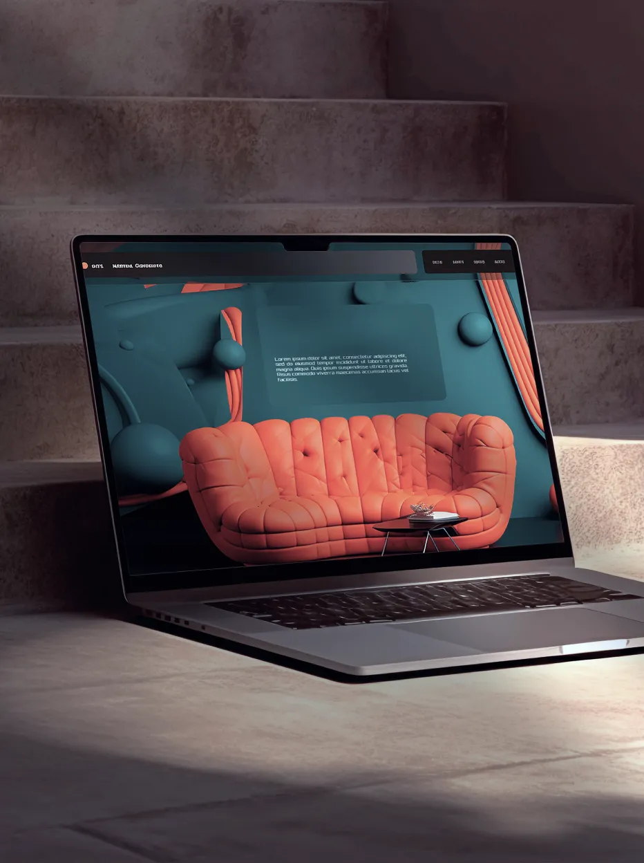 Open laptop placed on floor in front of stairs, displaying a 3D-rendered orange couch on its screen.