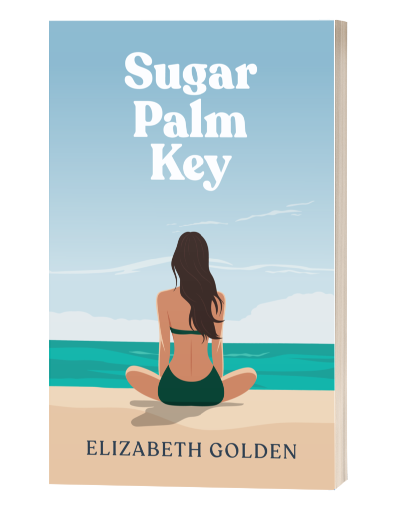 Sugar Palm Key Cover - A woman sitting on the beach in the Floirida Keys with a dark green bikini in front of teal water and a blue sky