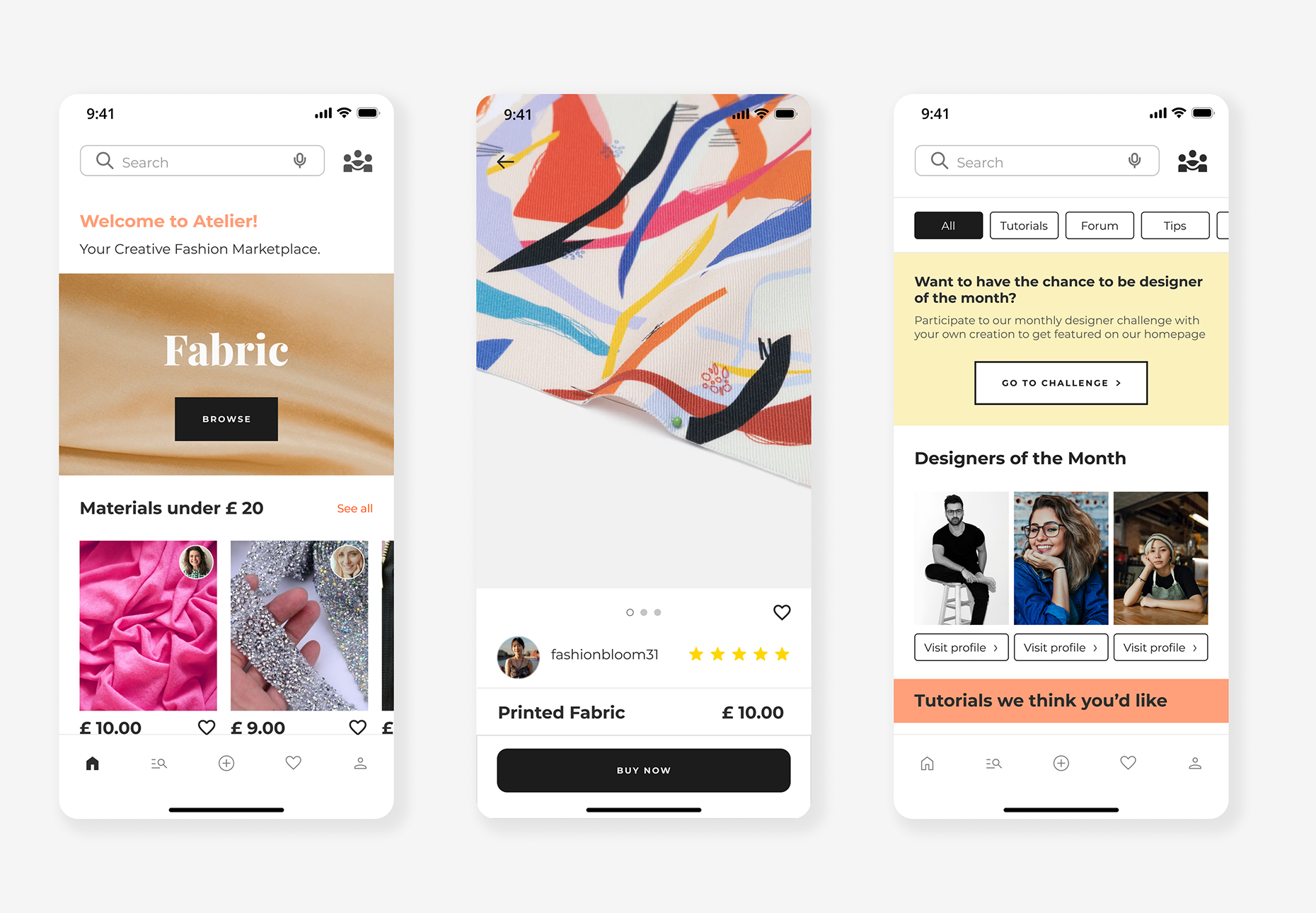 Project Atelier phone app screens