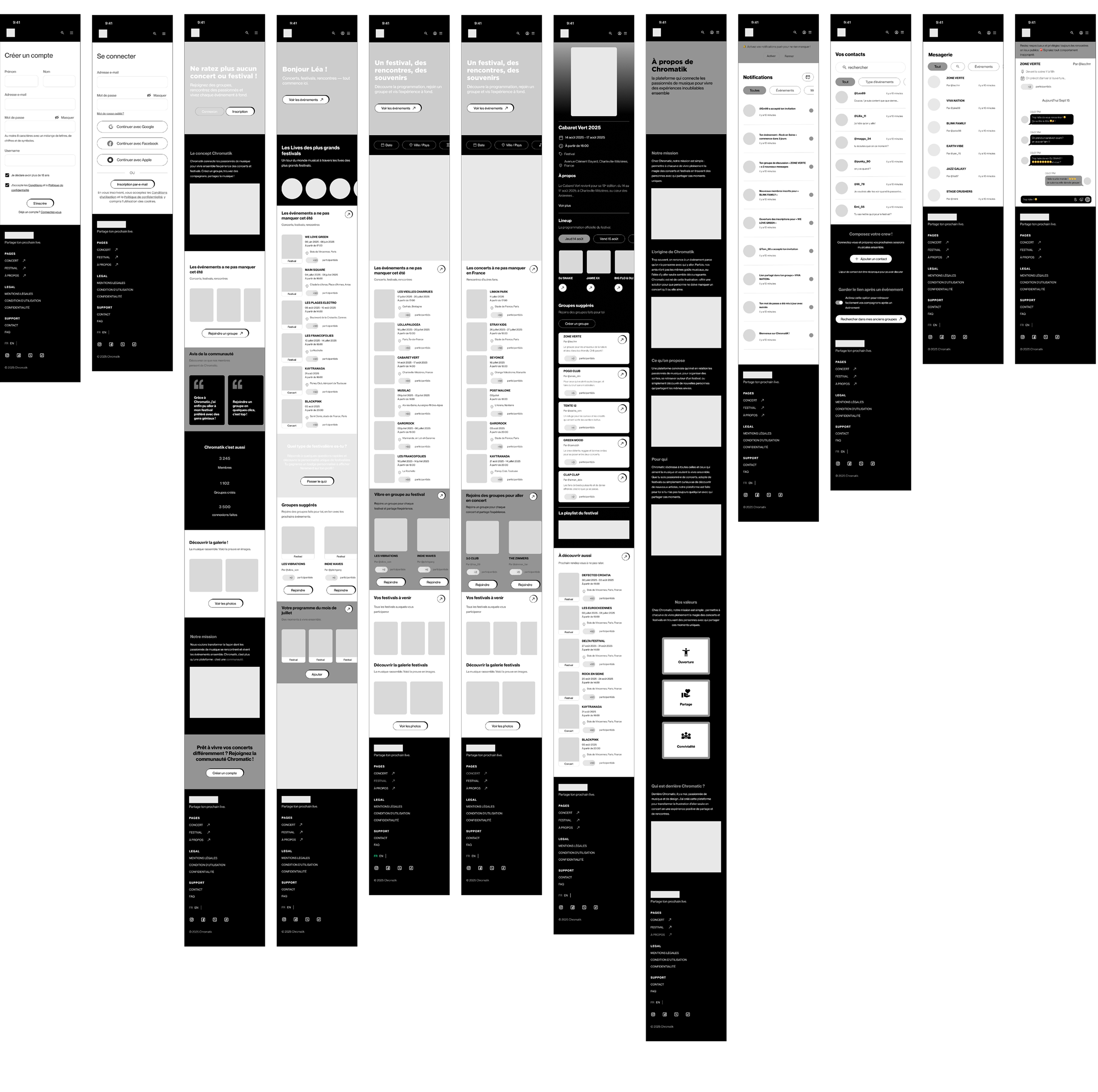 Wireframe layout of a mobile app interface in French showing account creation, login, event listings, festival details, user groups, notifications, contacts, and messaging screens.