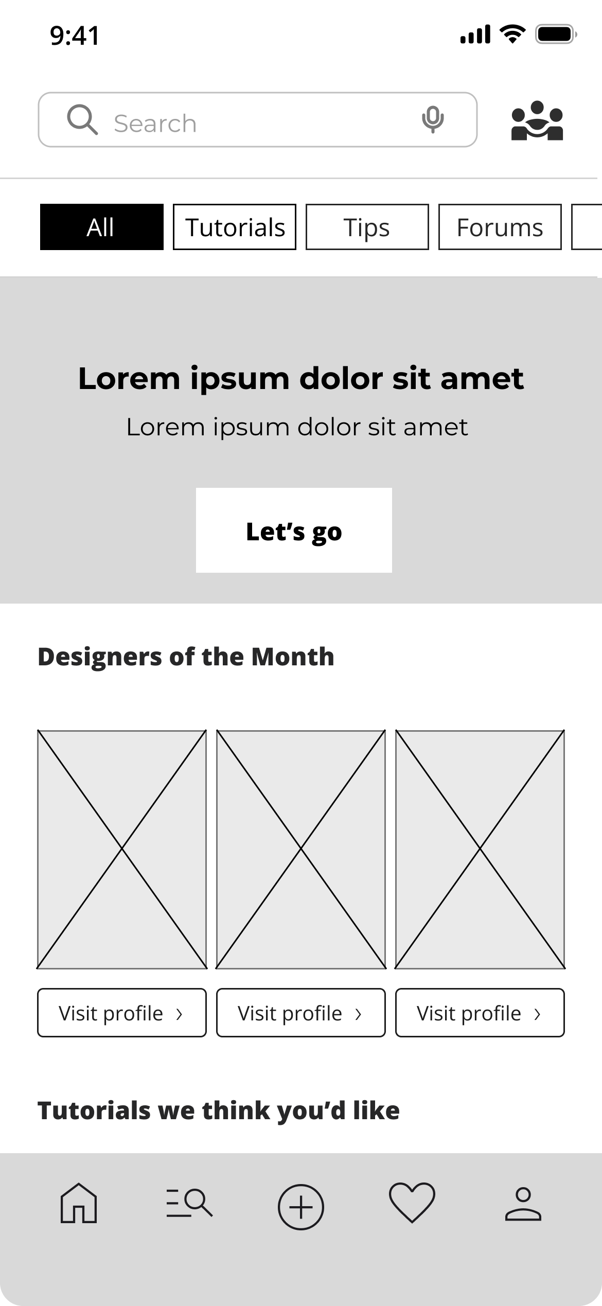 Mobile app interface showing a search bar, category tabs with 'All' selected, a banner with placeholder text and a 'Let's go' button, followed by a Designers of the Month section with three image placeholders and 'Visit profile' buttons, and a bottom navigation bar with five icons.