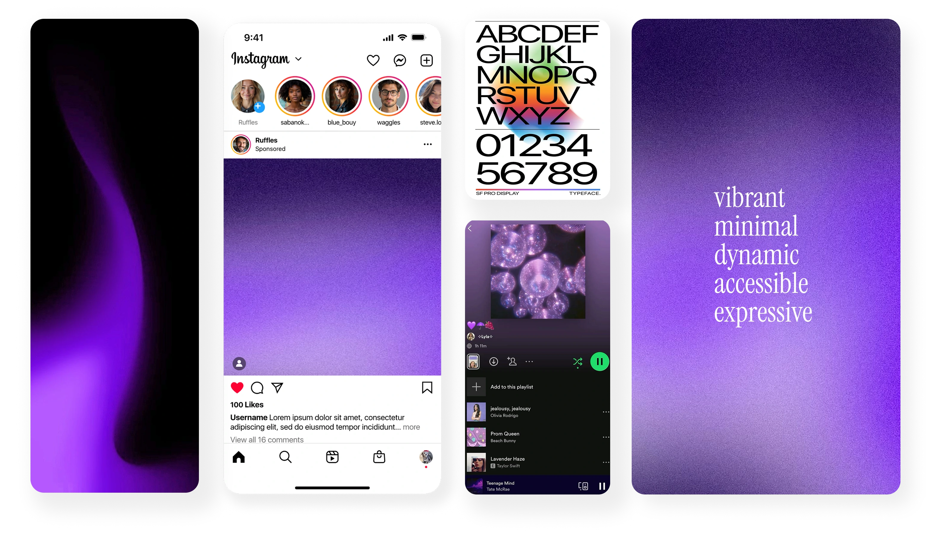 Sketches of five mobile app screens showing live festival features, map with filters, festival poster with dates, group creation and joining options, and group messages with safety reminders, alongside a list of focus areas including event discovery and social cues.