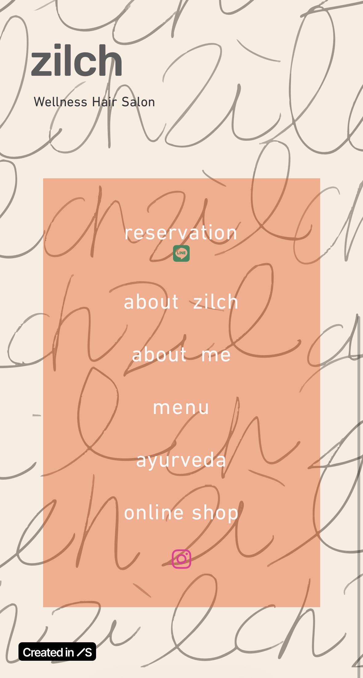 alt="zilch wellness hair salon website design featuring hand-drawn script lettering on beige and coral pink background"