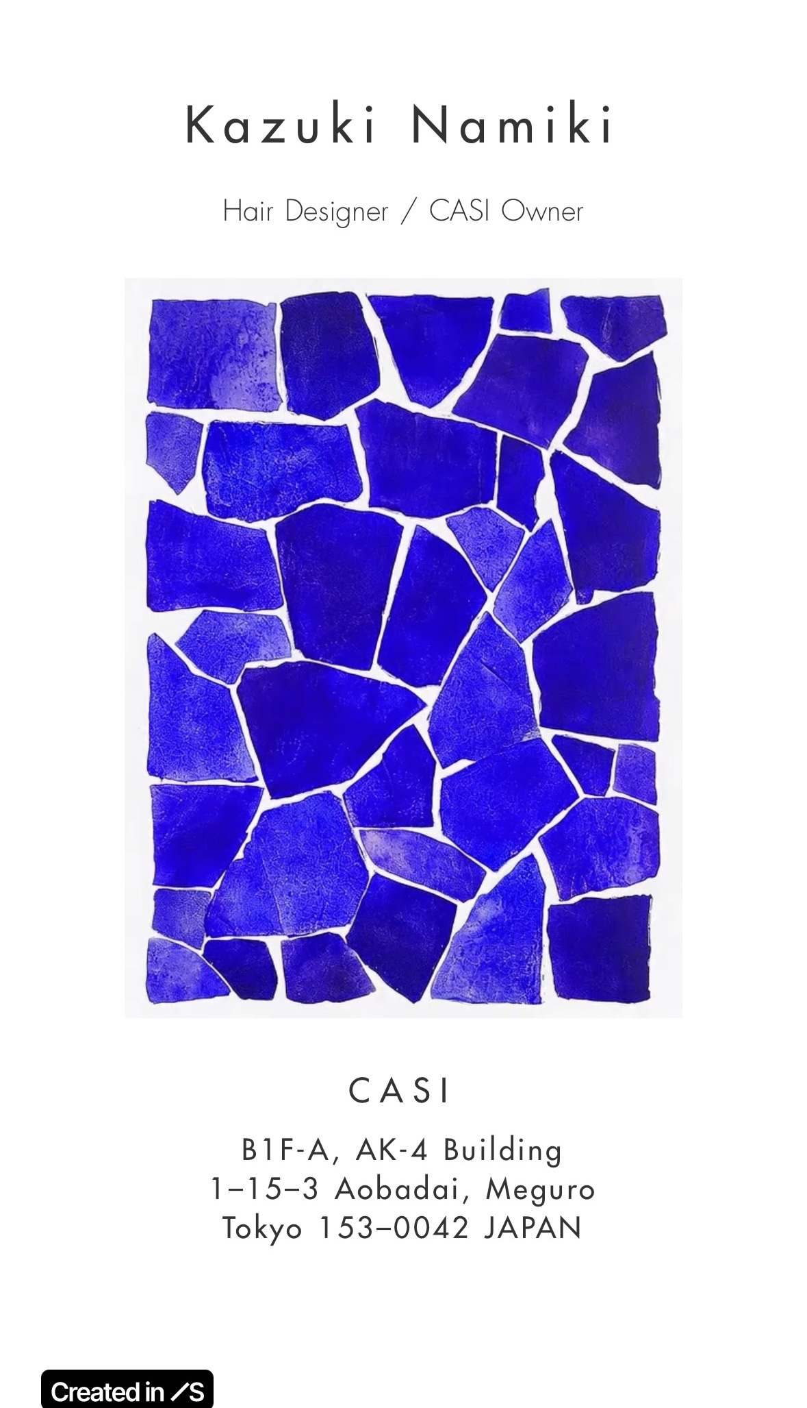 alt="casi hair salon business card design featuring vibrant blue mosaic pattern with minimalist typography"