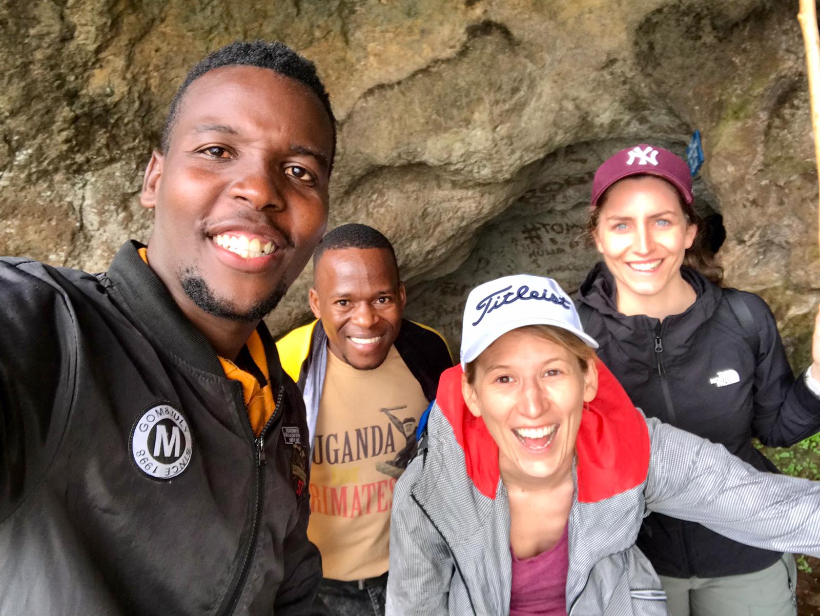 Trail guide, local leader Simon (back), Anne and Seraina on Sipi Falls hike, Uganda