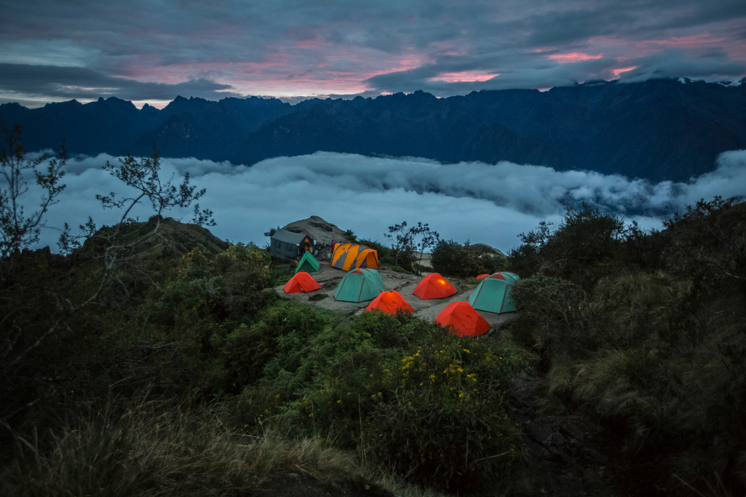 Ours. S. Inca Trail tents at night above clouds, Peru