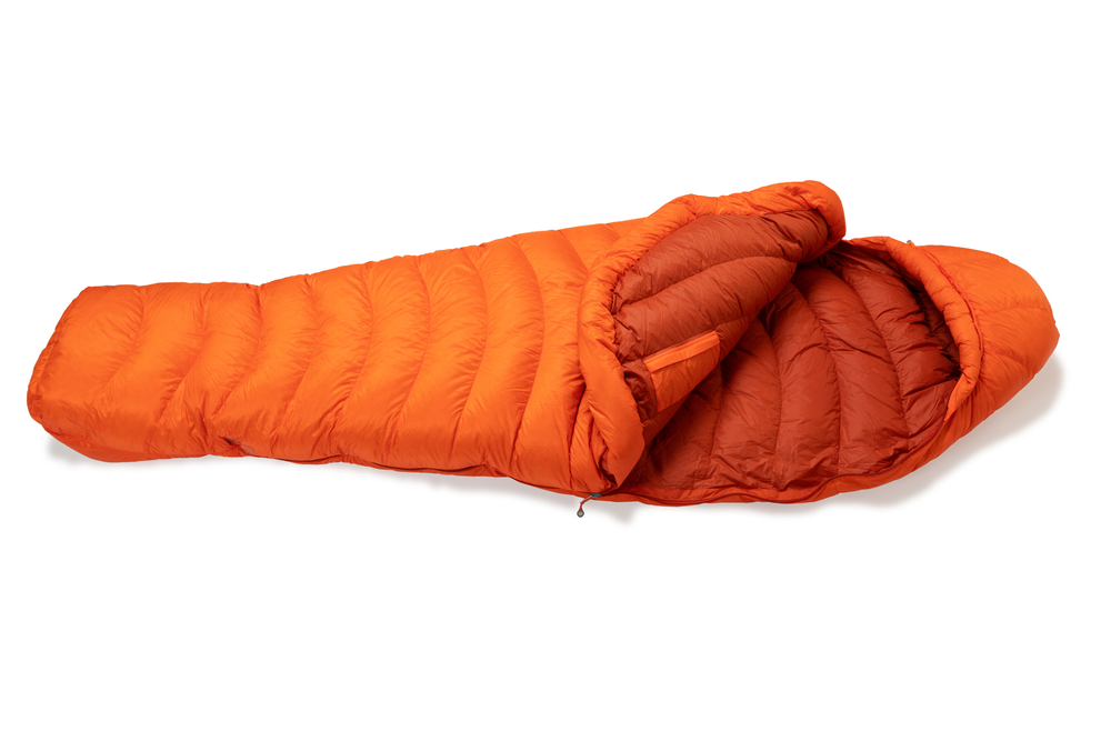 Ours. Orange winter sleeping bag with hood and hoizontal baffles