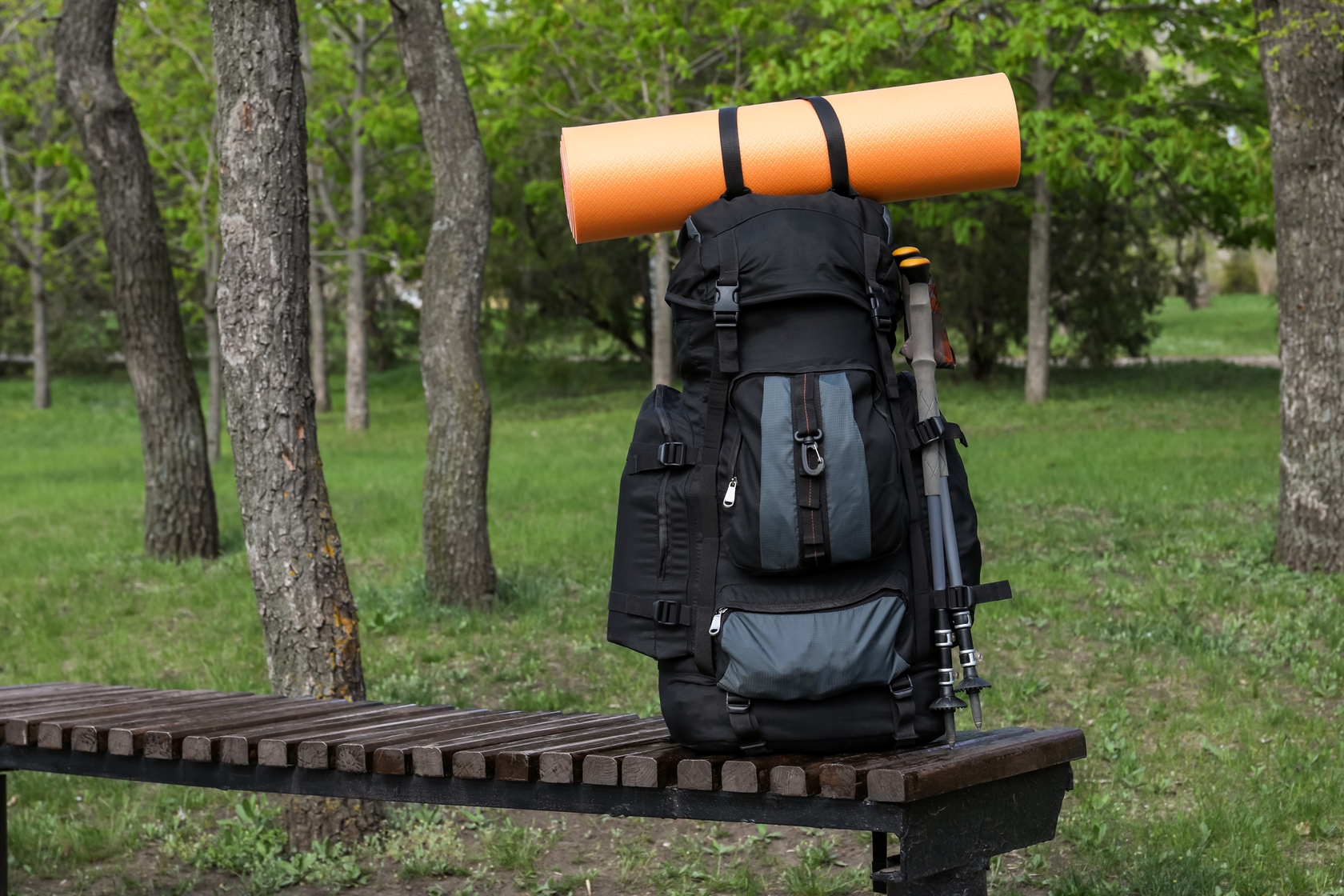 Ours. S. Backpack on bench