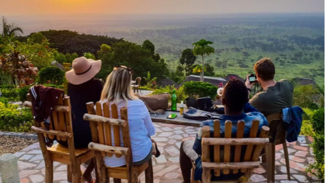 Uganda sundowners with friends Lake Bunyonyi
