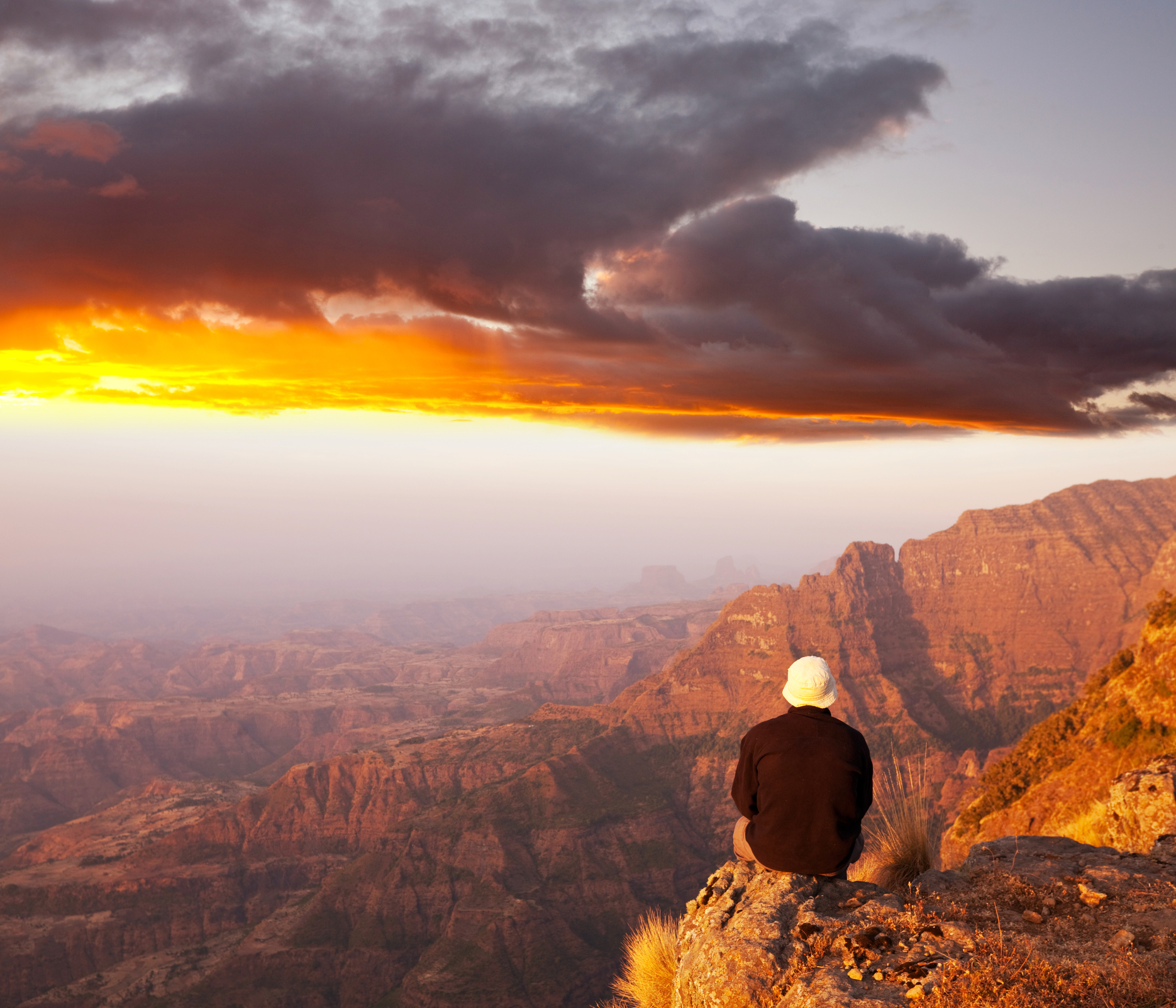 Trekker at dusk in the Simien Mountains of Ethiopia