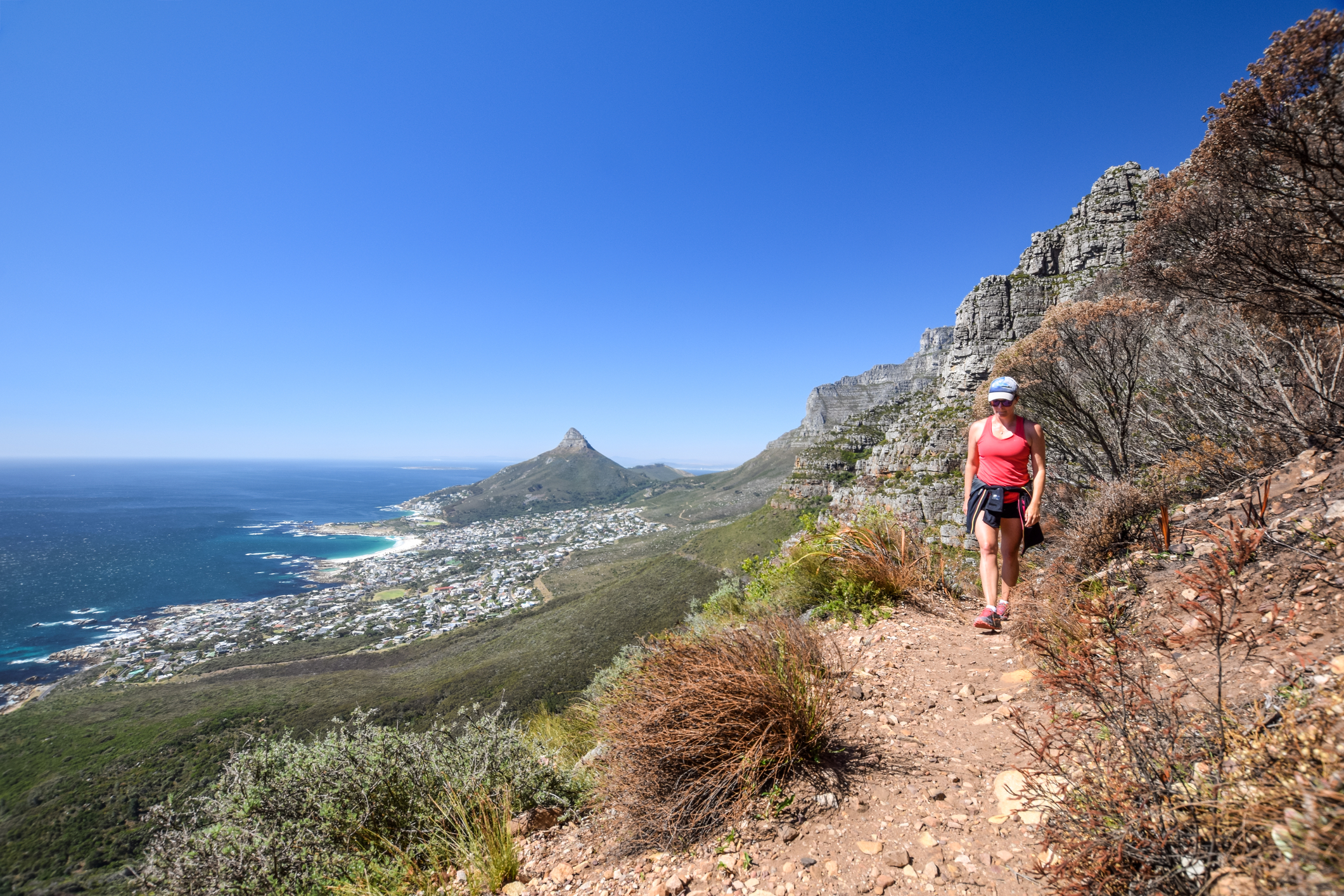 Female hiker on path up Table Mountain, Cape Town, South Africa