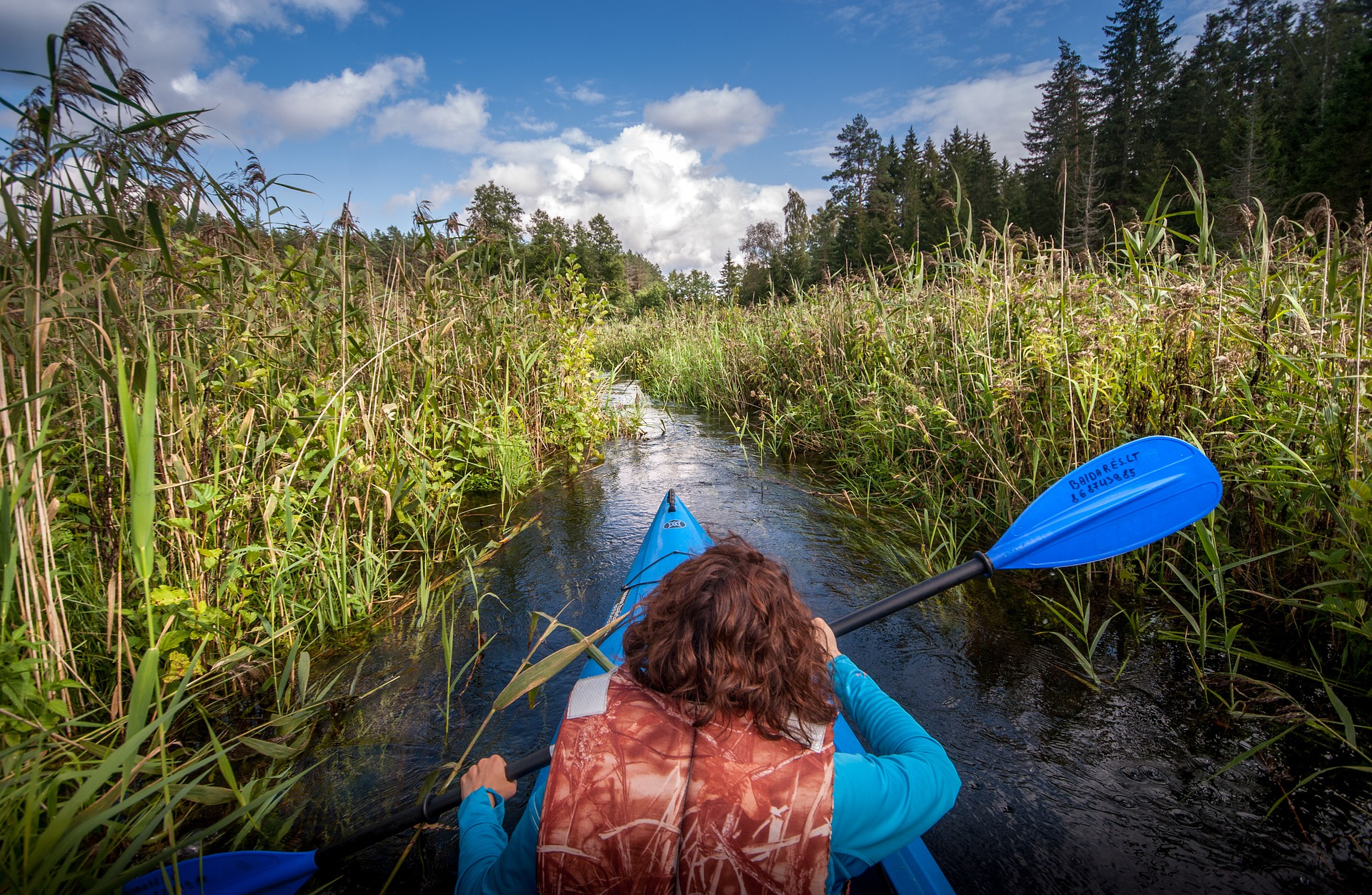 Woman on kayak in marshland
