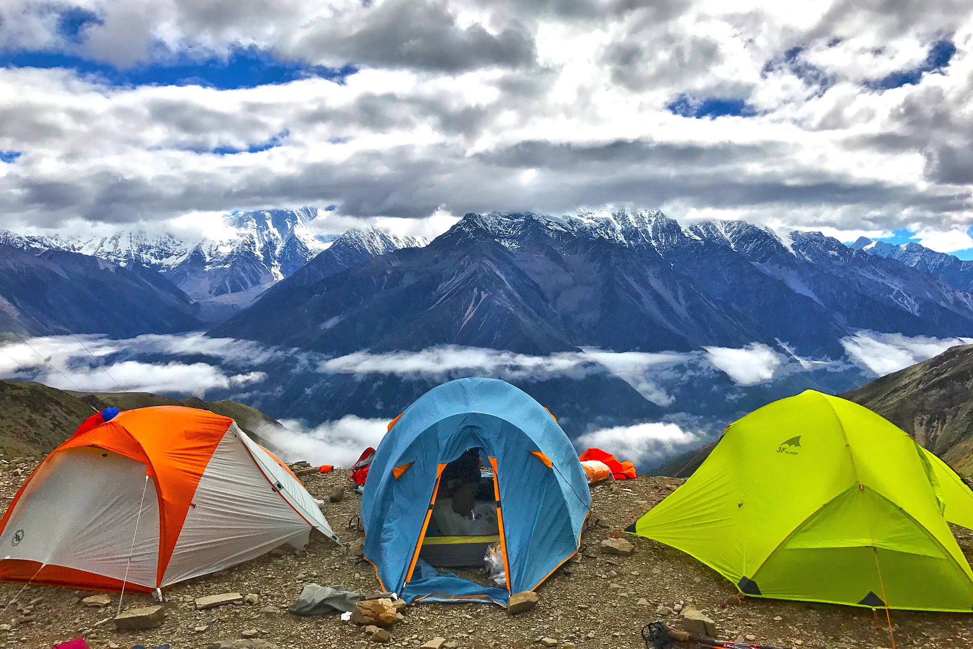 Three dome tents with mountain view