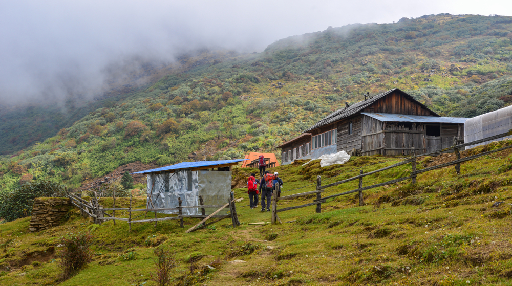 Ours. Annapurna Circuit trekkers and teahouse, Nepal