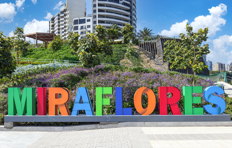 Ours. Large multicoloured Miraflores Malecon Walkway sign, Lima, Peru 