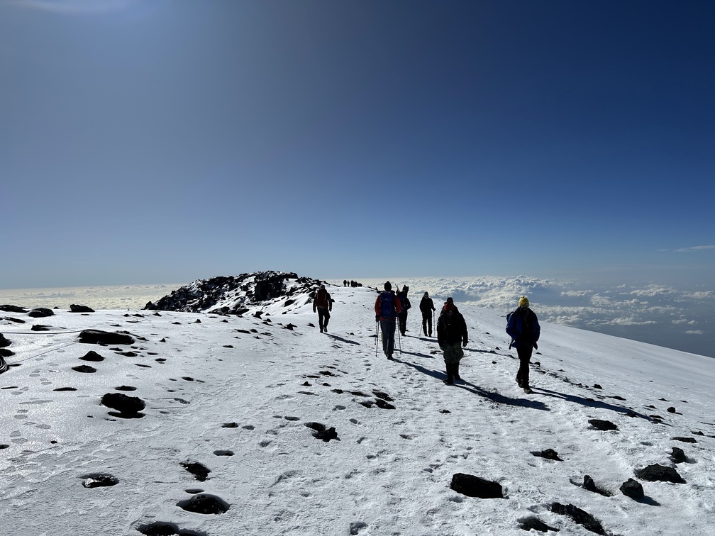 Romy. Snowy summit of Kilimanjaro and trekkers