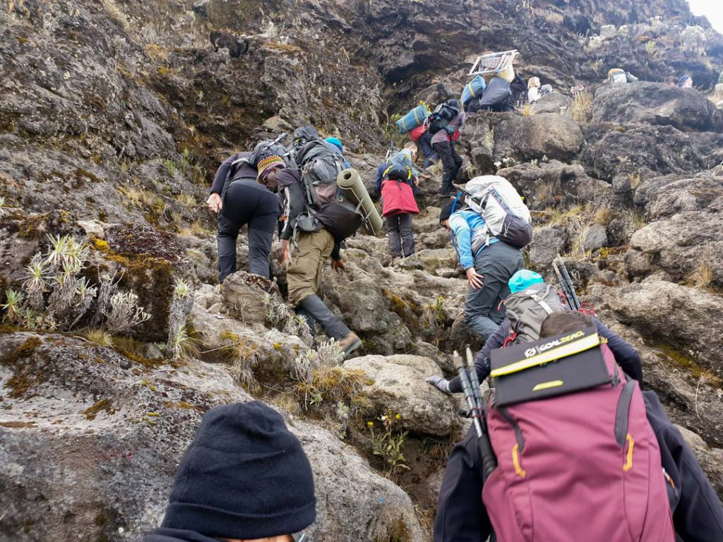 Trekkers-climbing-the-Barranco-Wall-on-Kilimanjaro