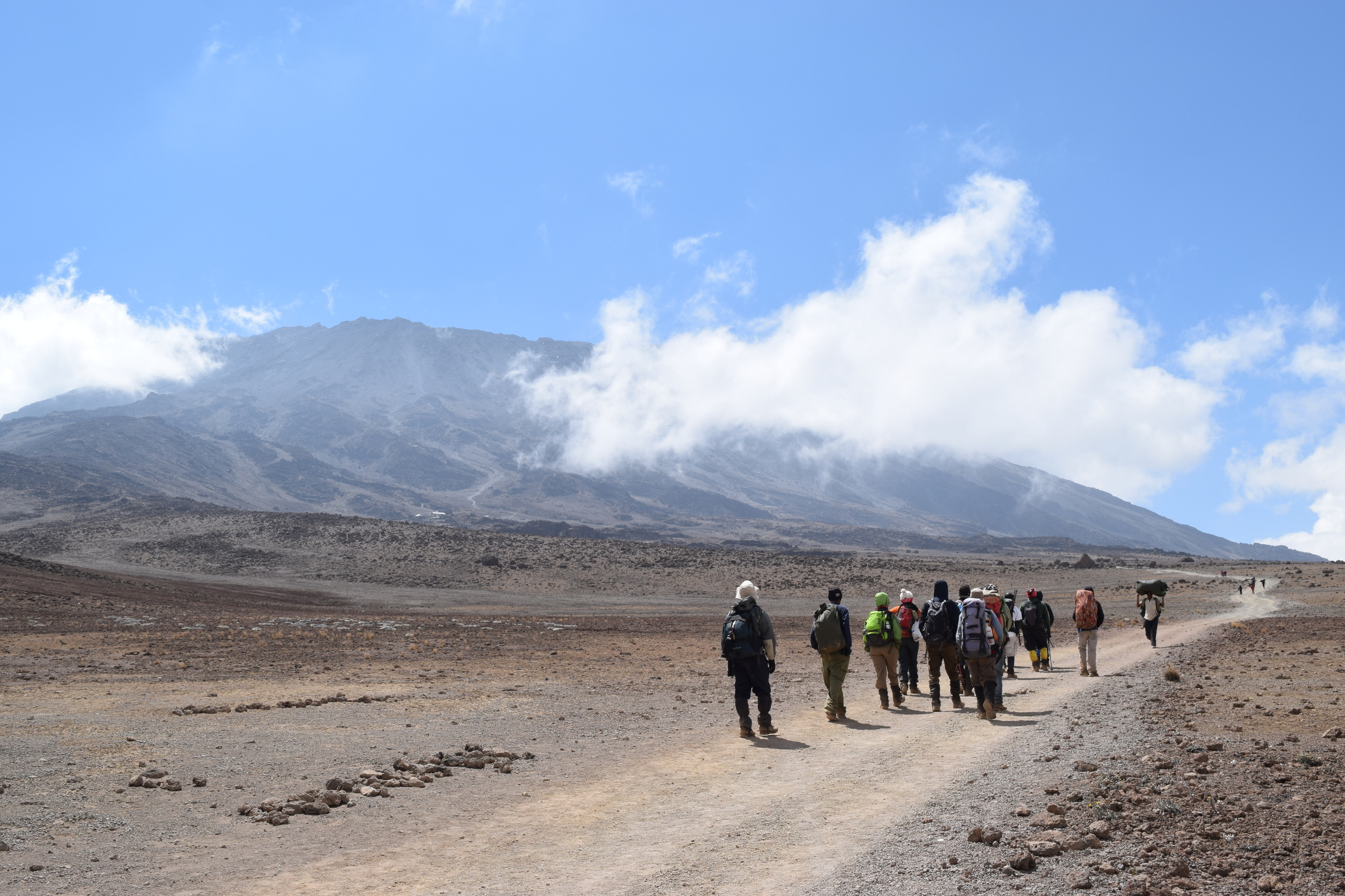 Trekkers on flat open path on Marangu route in alpine desert, Kilimanjaro