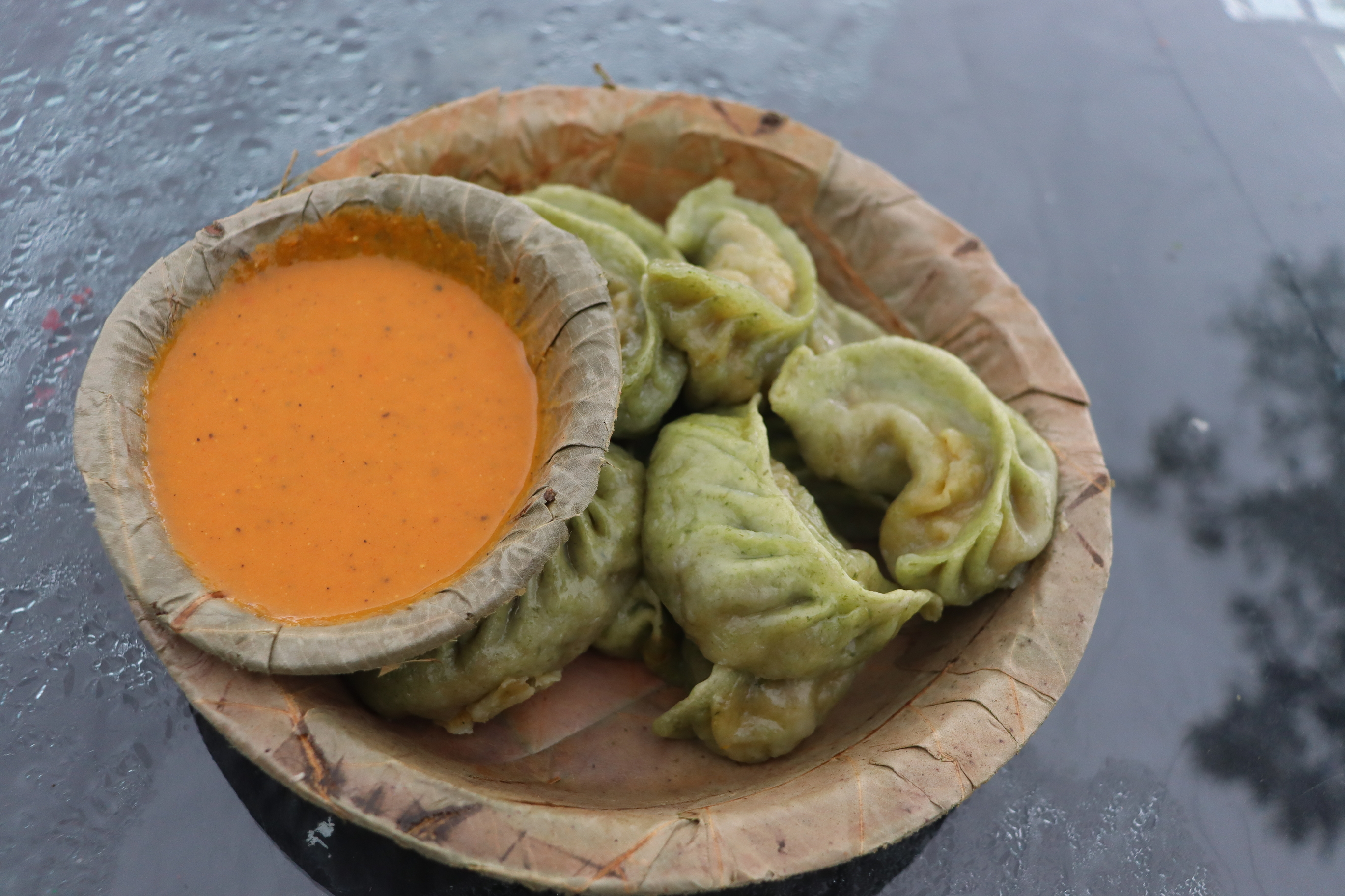 Vegan momos with chilli dipping sauce