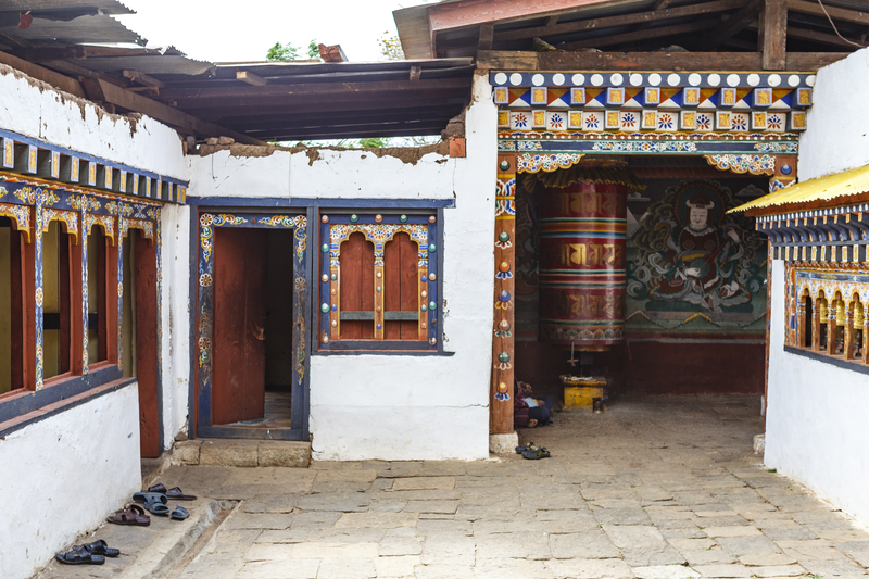Ours. The ornate facade of Chimi Lhakhang monastery, Fertility Monastery in Punakha, Bhutan