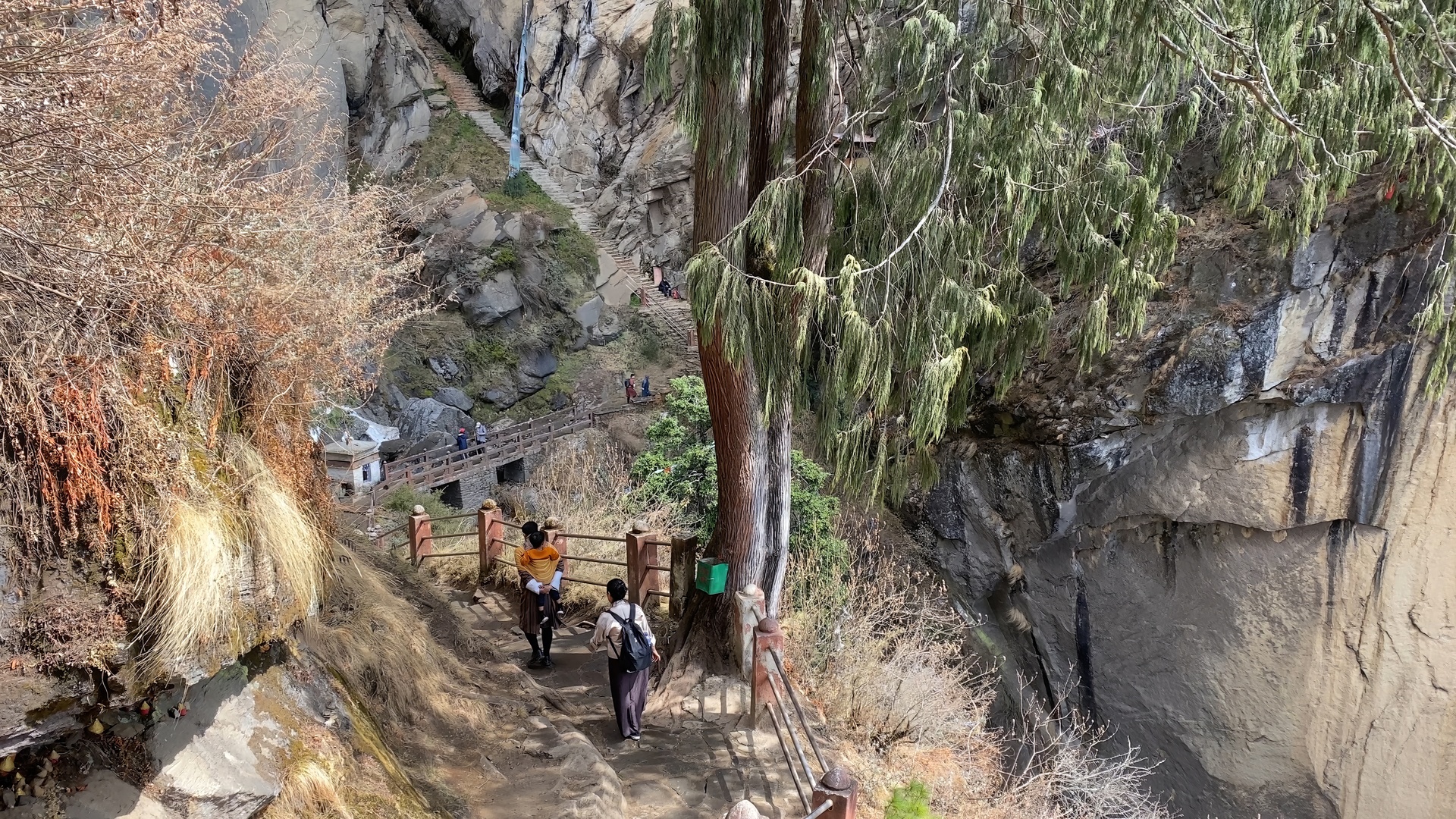 People are climbing Tiger's Nest in Bhutan