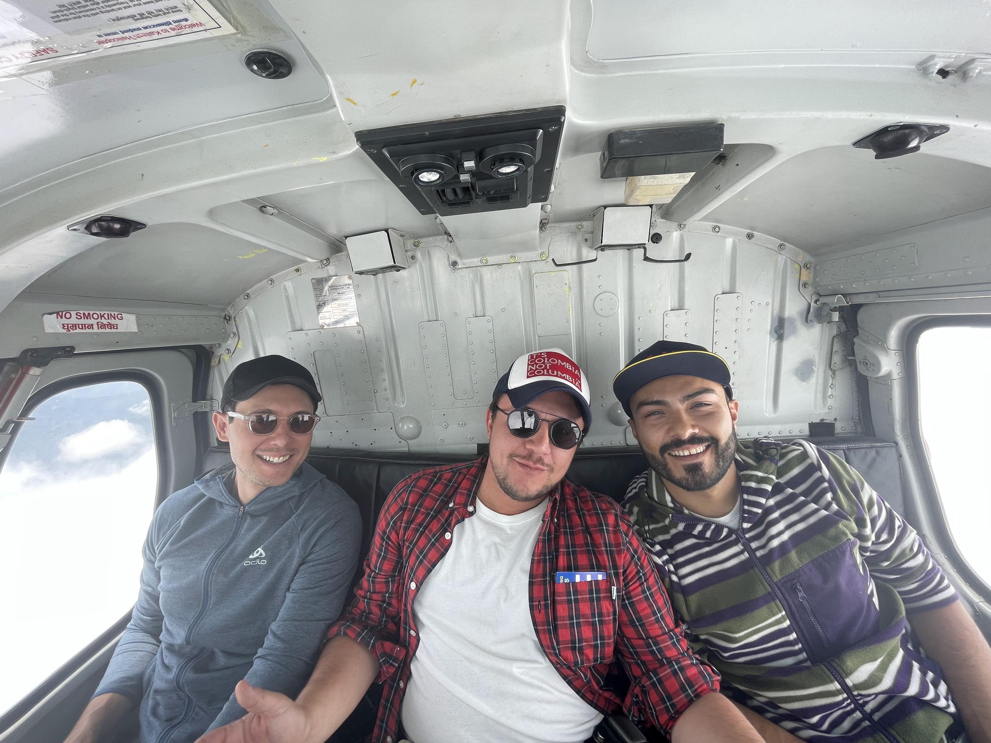 Aldo Varela, group pic, helicopter. EBC, Nepal