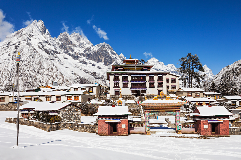 Ours. A wintry Tengboche Monastery, EBC trek