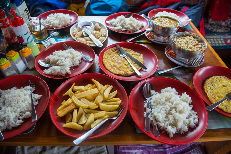 Ours. Teahouse meals food chips and rice EBC trek