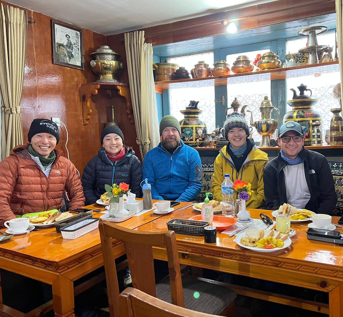 Kevin. Nepal EBC trek, group pic in dining room of teahouse