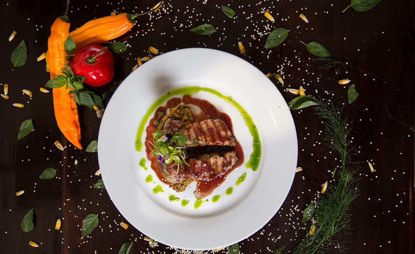 Ours. Cusco. Fine dining. Alpaca loin with sauce, viewed from above