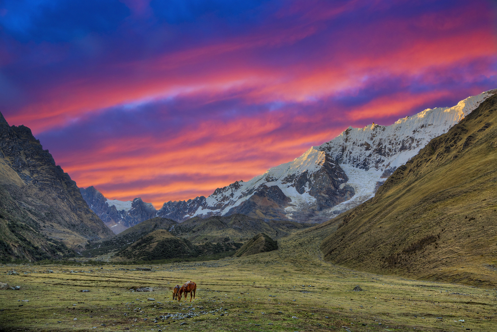 Ours. Sunset in Andean mountains, Peru trekking
