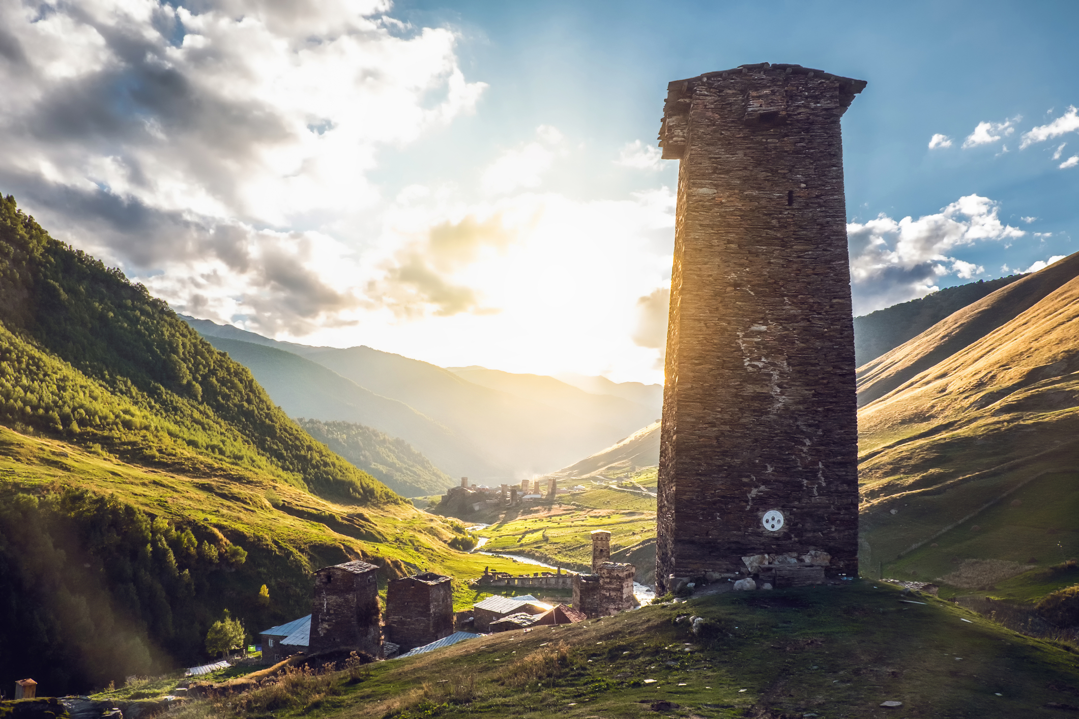 Svan tower standing on a hill, view from bottom
