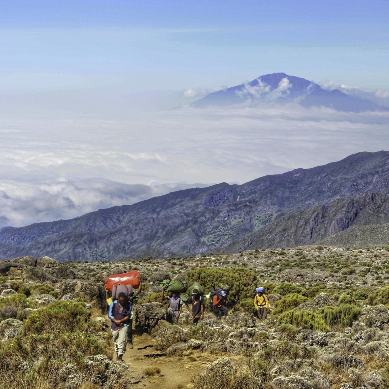 kilimanjaro national park landscape view to mount Meru plus porters