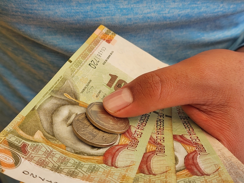 Man's hand holding nuevo sole banknotes and coins, Peruvian currency