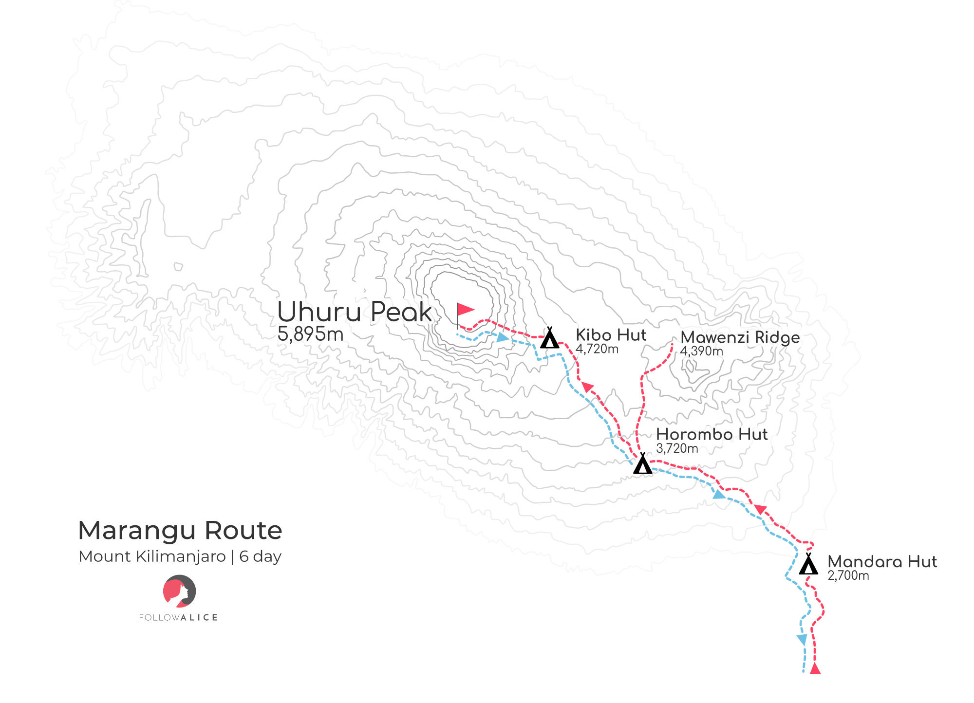 Updated map of 6-day Marangu route on Kilimanjaro