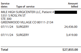 Mile High Surgicenter bill showing $27,855 in surgery costs for wrist fracture repair following motorcycle racing crash