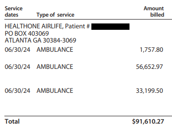 HealthONE AirLife helicopter ambulance bill showing $91,610.27 for air transport following motorcycle racing crash at High Plains Raceway Colorado