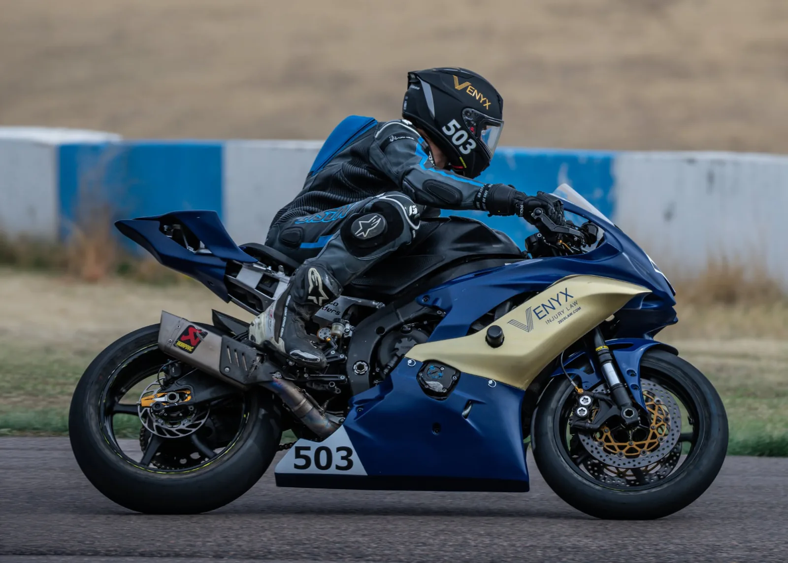 Dylan Unger racing in blue leathers on his MRA race bike