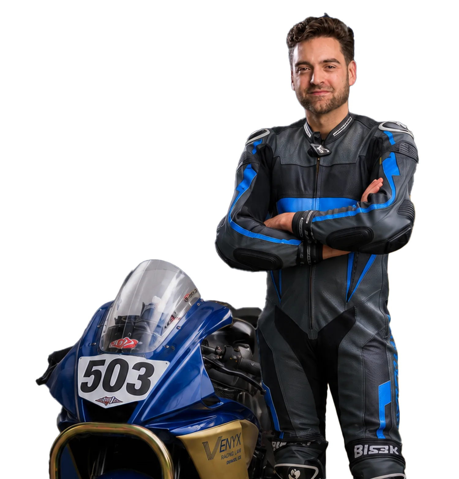 Dylan Unger, Denver motorcycle accident attorney, in race leathers beside his VENYX-branded MRA race bike