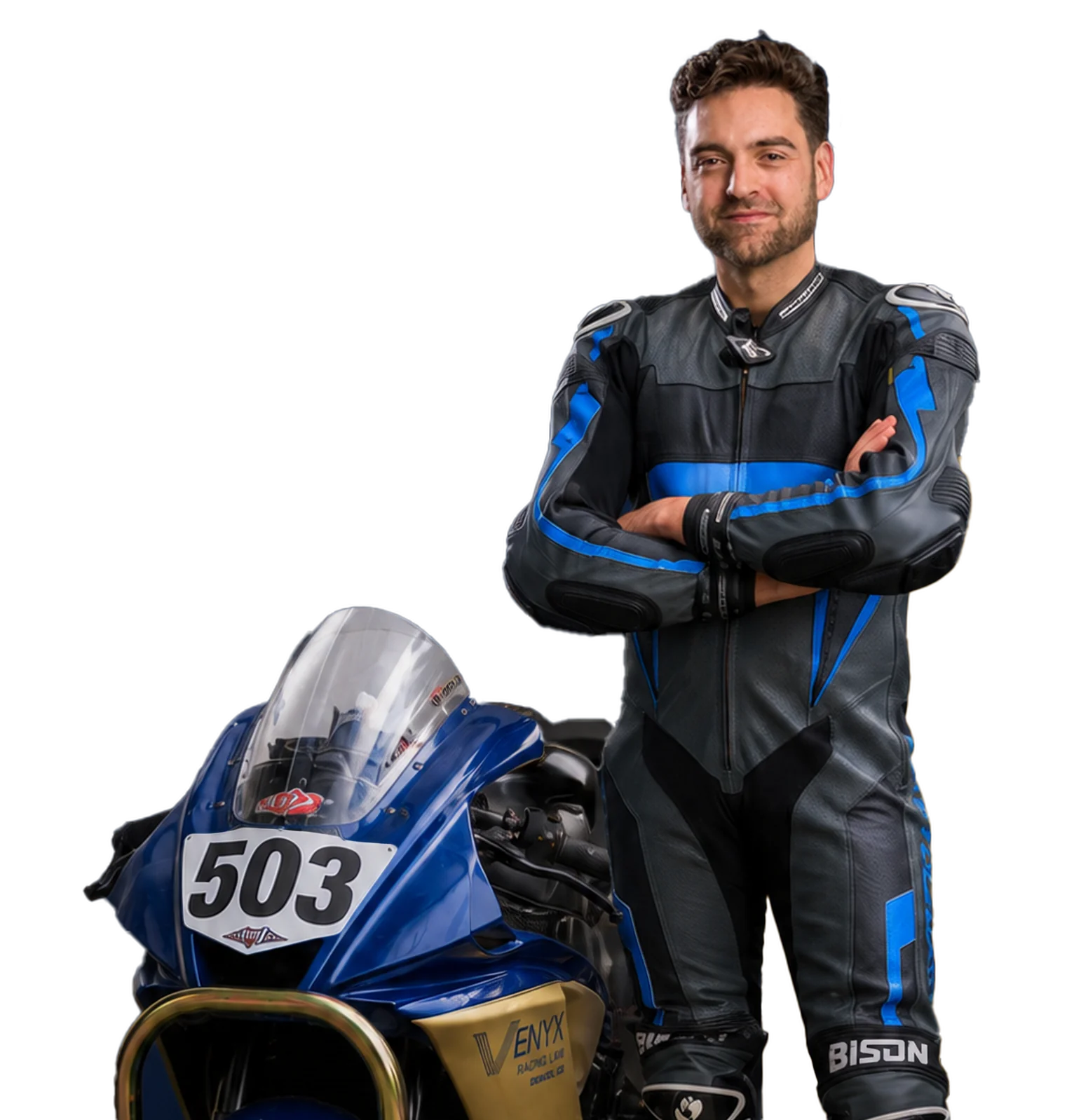 Dylan Unger, Denver motorcycle accident attorney, in race leathers beside his VENYX-branded MRA race bike
