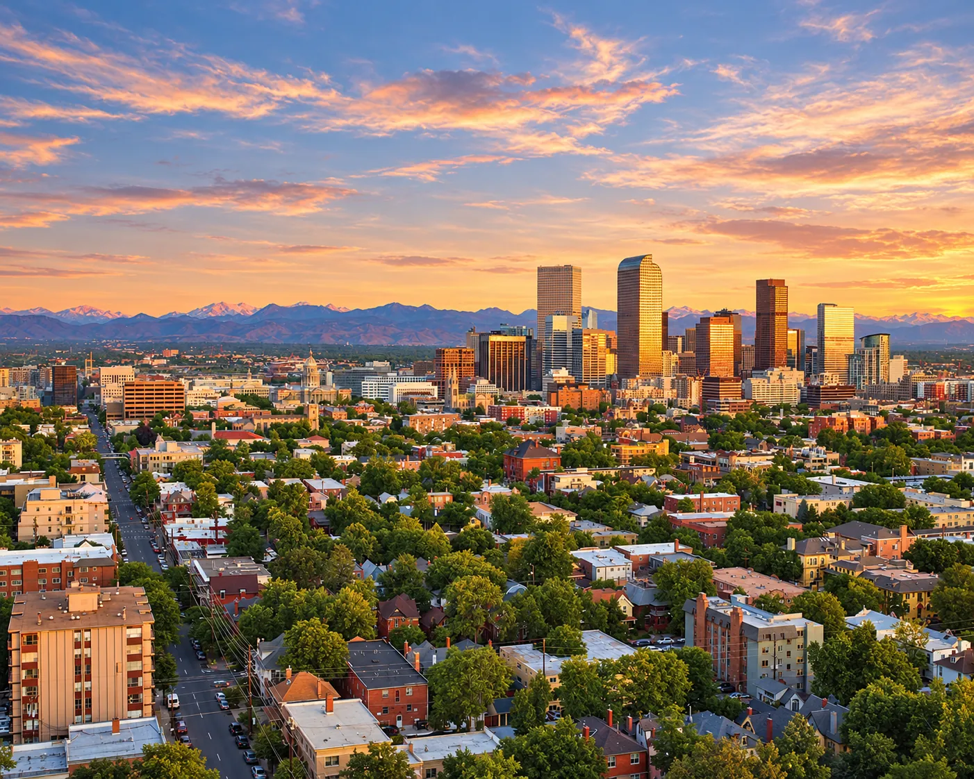 Denver skyline at golden hour with the Rocky Mountains behind it