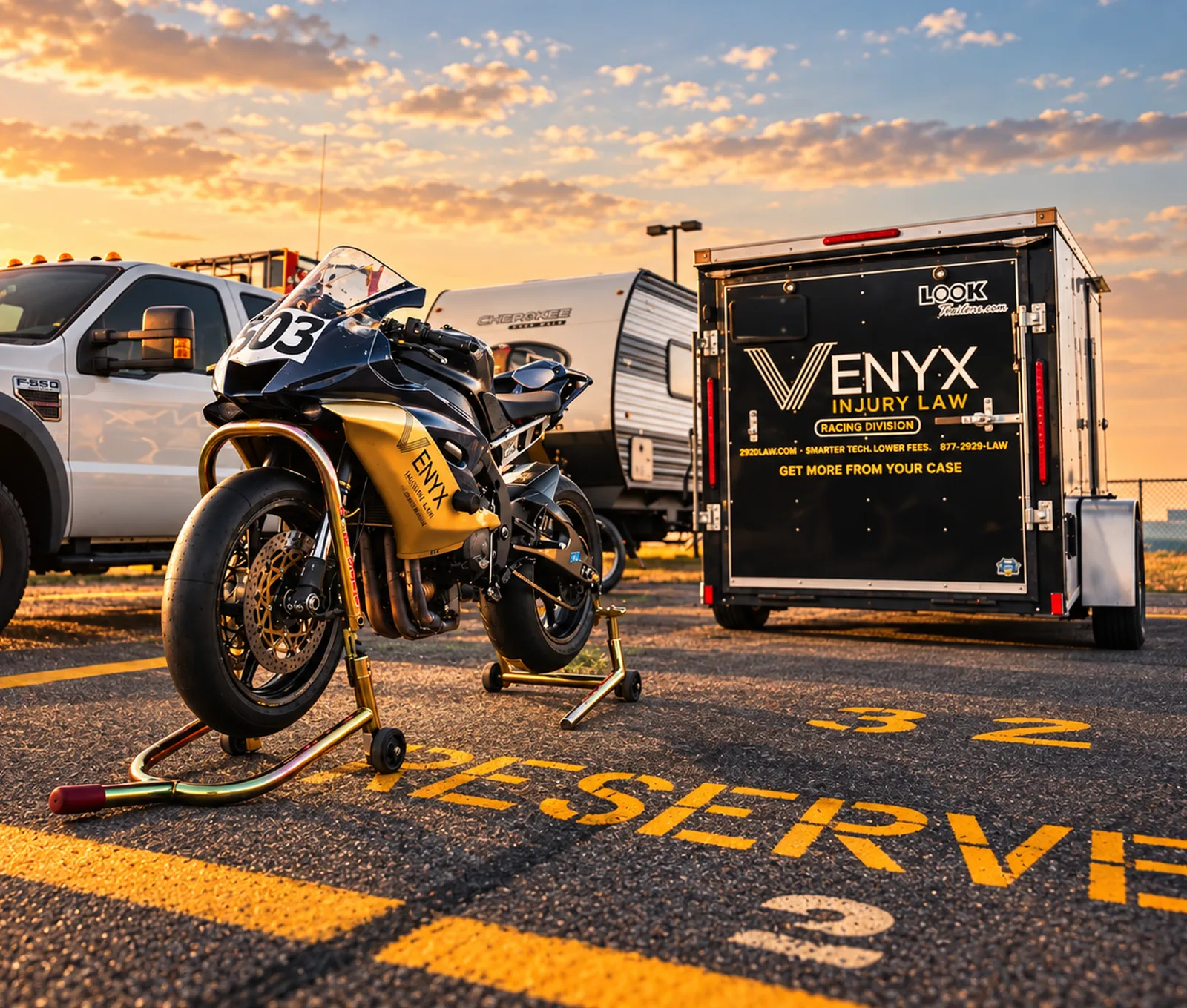 The Venyx Racing Division trailer and bike 503 in the paddock at golden hour